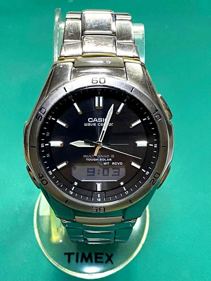 Casio Tough Solar Wave Ceptor WVA-M640 radio-controlled watch with digital display and solar power, silver band