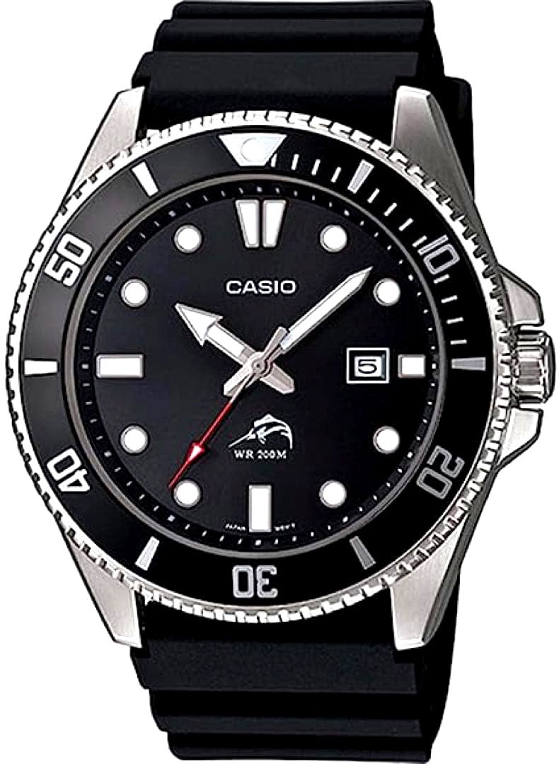 Casio Kajiki Diver Watch with black dial featuring chevron shark design, 200m water resistance, Bill Gates model