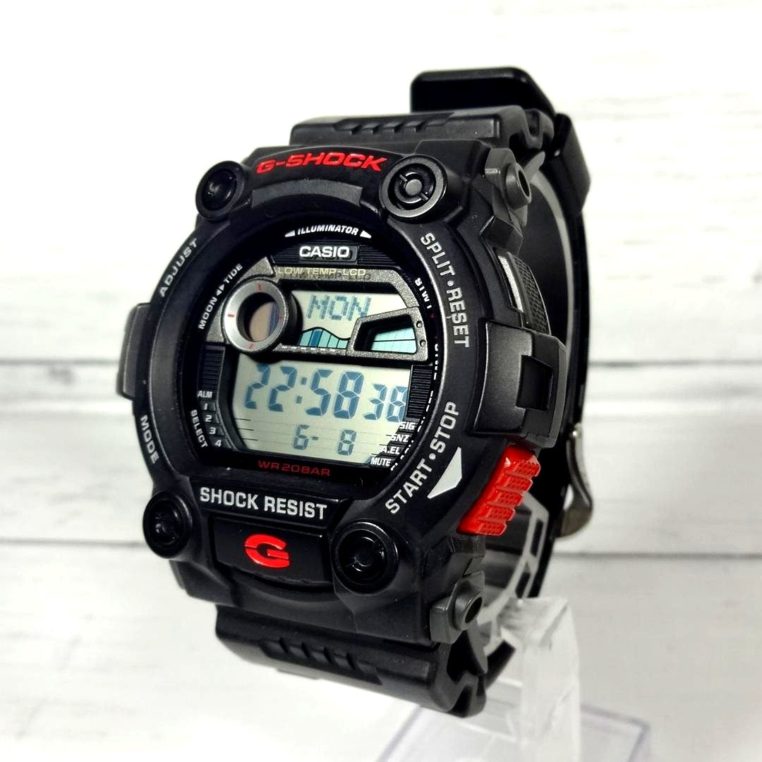 Casio G-Shock G-7900 digital watch with tide graph and moon phase display, black resin band