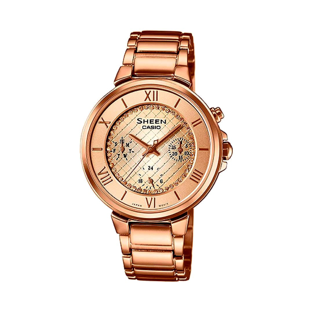 Casio Sheen women's watch model SHE-3040GJ-9AJF pink gold color with round dial and metal band