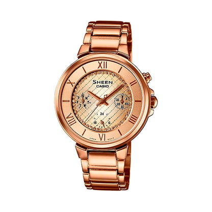 Casio Sheen women's watch model SHE-3040GJ-9AJF pink gold color with round dial and metal band