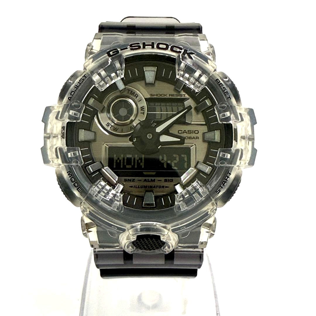 G-Shock Casio GA-700SK-1ADR digital watch with transparent gray resin skeleton case and shock resistant design
