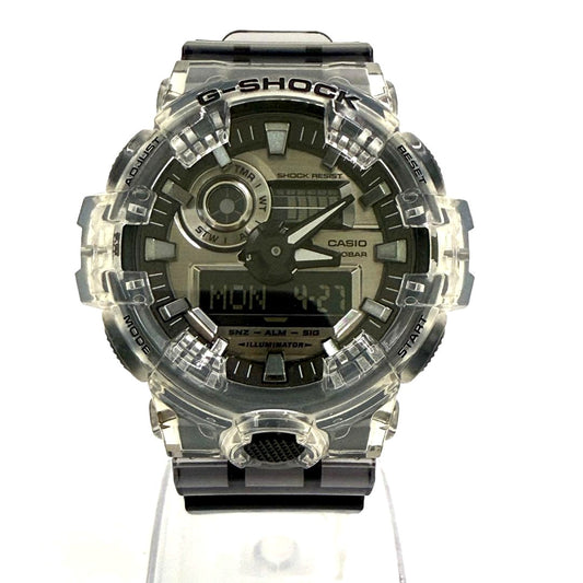 G-Shock Casio GA-700SK-1ADR digital watch with transparent gray resin skeleton case and shock resistant design