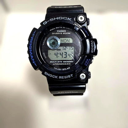 Casio G-Shock Frogman GW-202K-2JR watch with blue case, digital display, and 200m water resistance