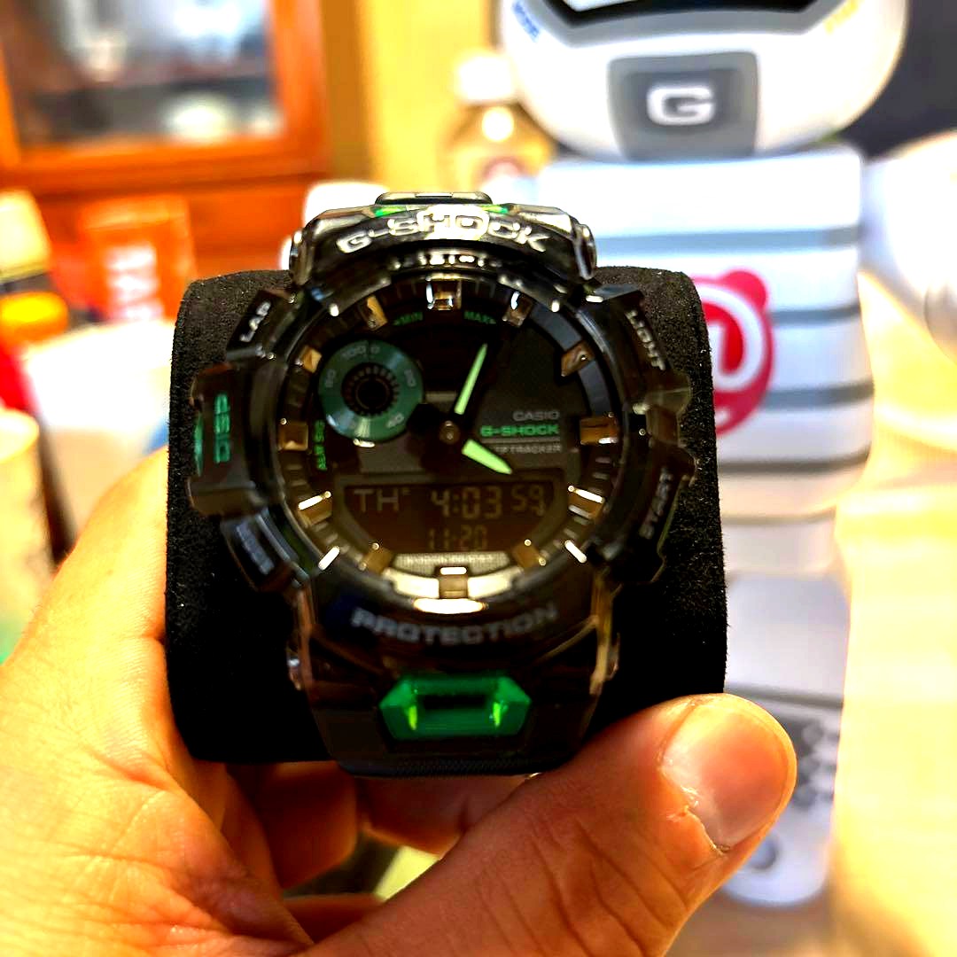 Casio G-SHOCK GBA-900SM-1A3 analog-digital watch with black and green accents, shown on a black strap