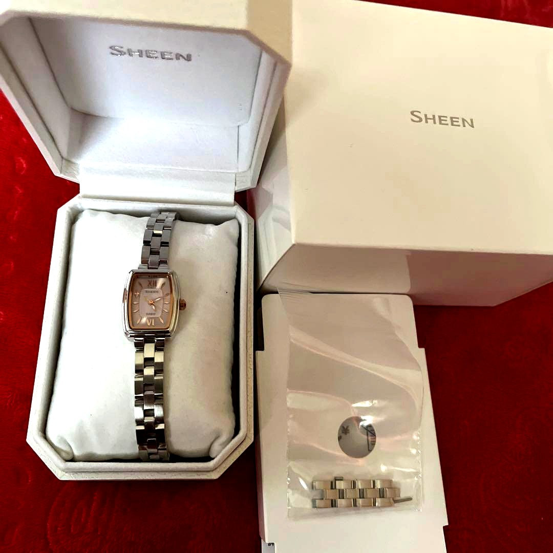 Casio Sheen Ladies Watch with silver case and bracelet, displayed with box and spare links