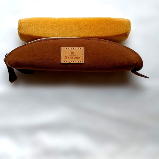Ashford Brown Micro Cross Pen Case made from durable Italian army material with matte nubuck leather look and zipper closure