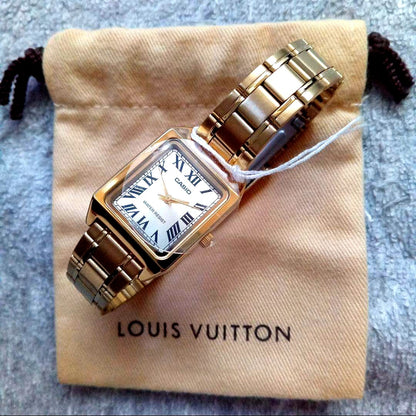 Casio LTP-V007G-9 gold stainless steel watch with Roman numeral dial and gold bracelet