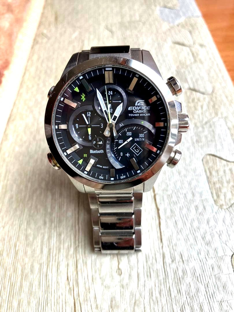 Casio Edifice EQB-500D-1AJF Bluetooth Chronograph Solar Watch with black dial and silver metal band