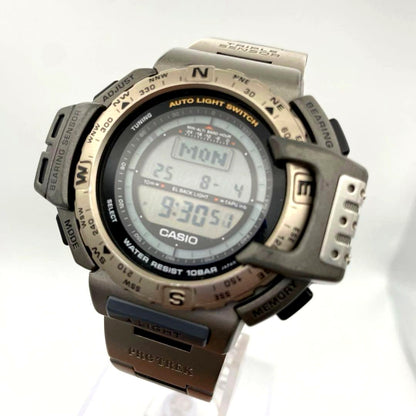 Casio Pro Trek Digital Wristwatch PRT-420 silver color with minor scratches and scuffs