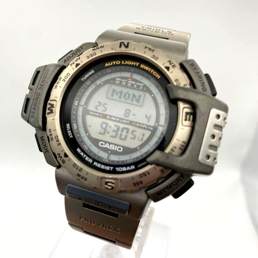 Casio Pro Trek Digital Wristwatch PRT-420 silver color with minor scratches and scuffs