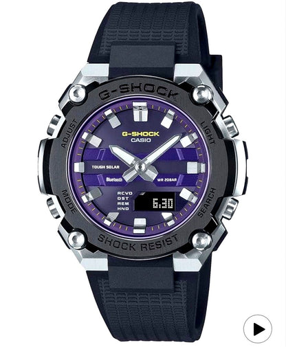Casio G-Shock G-STEEL GST-B600A-1A6JF solar smartwatch with purple dial and black strap