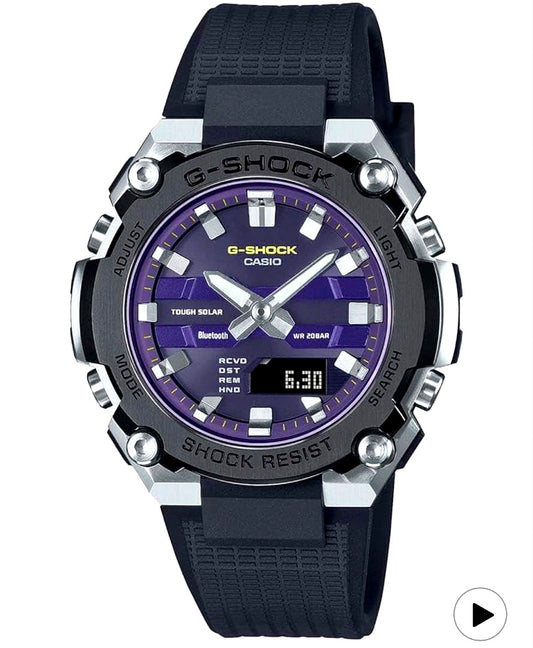 Casio G-Shock G-STEEL GST-B600A-1A6JF solar smartwatch with purple dial and black strap