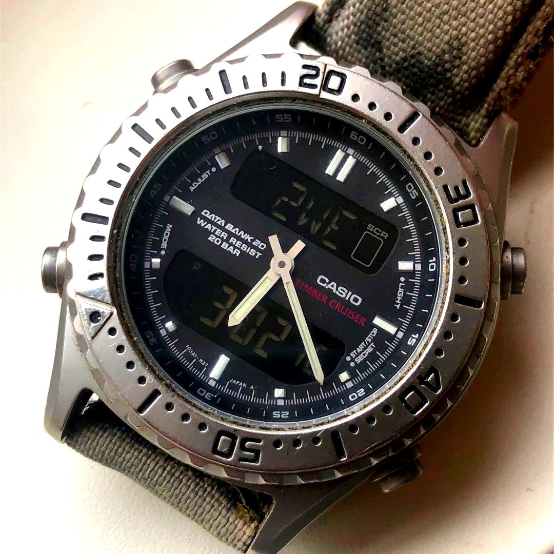 Casio digital watch with black nylon strap and waterproof stainless steel case showing digital time