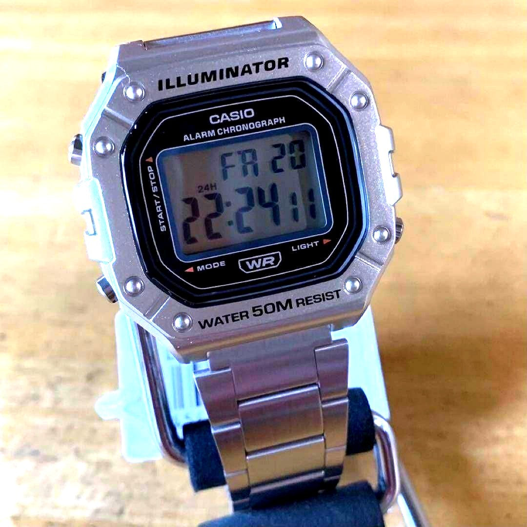 Casio W-218HD-1A men's quartz watch with silver case and belt, classic design, water resistant 50 meters