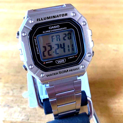 Casio W-218HD-1A men's quartz watch with silver case and belt, classic design, water resistant 50 meters