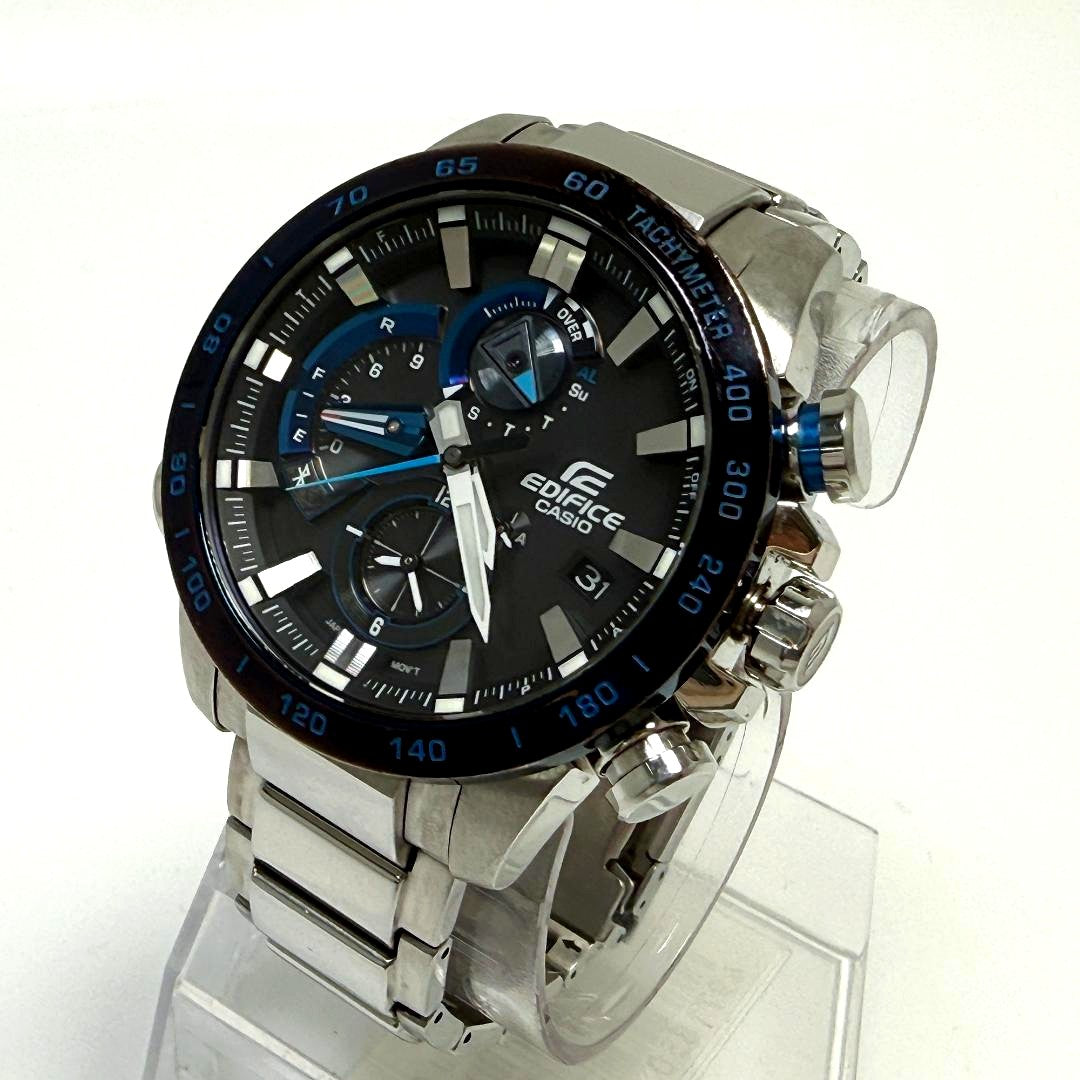 Casio Edifice EQB-800DB-1AJF smartwatch with black dial and blue bezel showing time