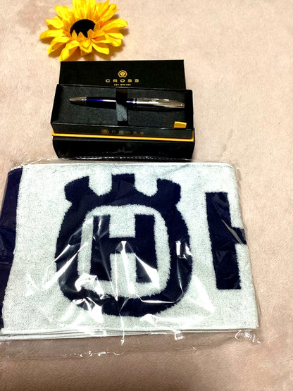 Limited edition Husqvarna Cross ballpoint pen in navy and silver with Husqvarna logo scarf in navy and white