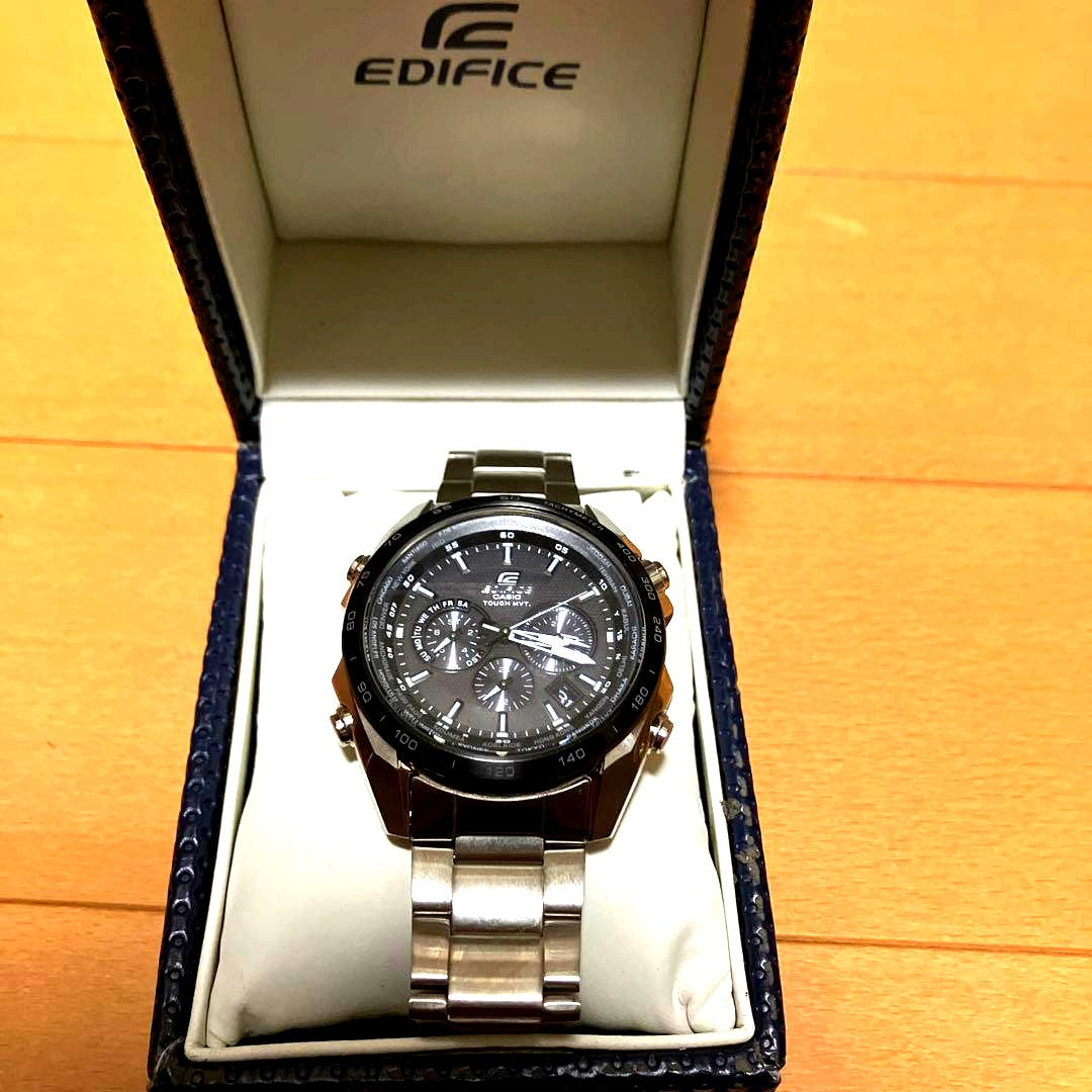 Casio Edifice Model 5263P quartz watch with black dial and silver band, displayed with box