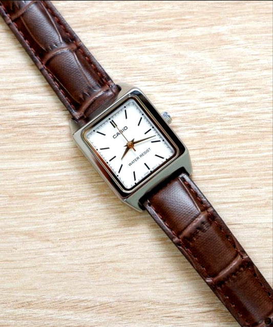 Casio Square Quartz Watch with white dial and brown leather strap, square case