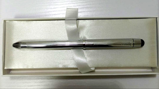 Cross Tech3+ silver metal ballpoint pen displayed with silver case and instruction manual
