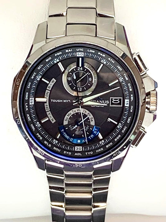 Casio Oceanus OCW-T1000 titanium radio solar watch with black dial and chronograph features