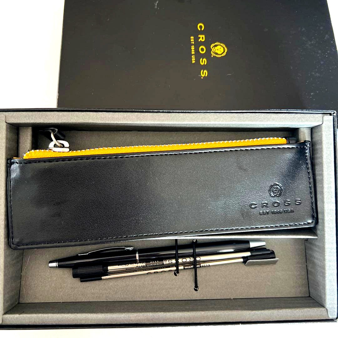 CROSS black leather ballpoint pen set with zippered pouch including two ballpoint pens