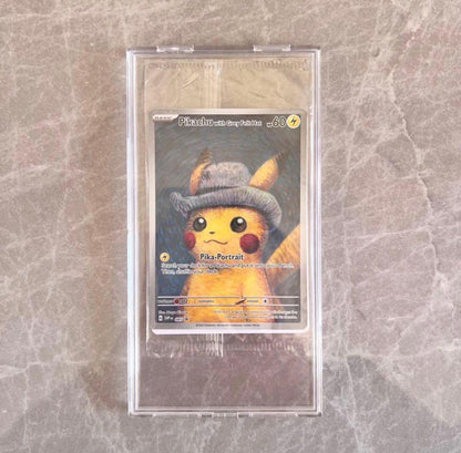 Unopened Gogh Pikachu figure wearing grey felt hat with minor white scratch on lower left side