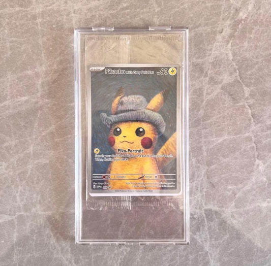 Unopened Gogh Pikachu figure wearing grey felt hat with minor white scratch on lower left side