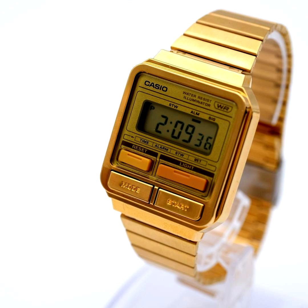 Casio A120WE gold digital watch with gold-colored metal band in good working condition