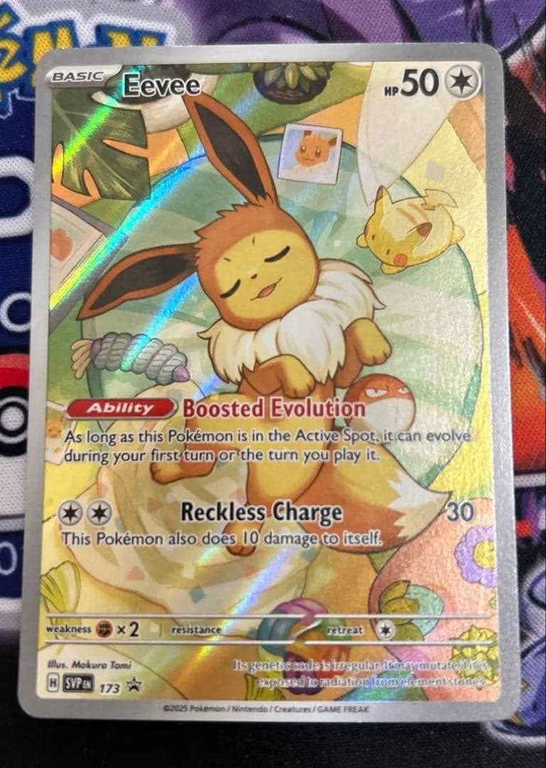 Eevee Start Deck 100 Battle Collection 755/742 International Edition collectible card with visible scratch