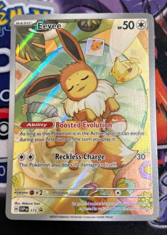 Eevee Start Deck 100 Battle Collection 755/742 International Edition collectible card with visible scratch