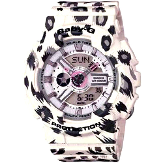 Casio Baby-G Leopard Series BA-110LP white watch with leopard print on band and bezel
