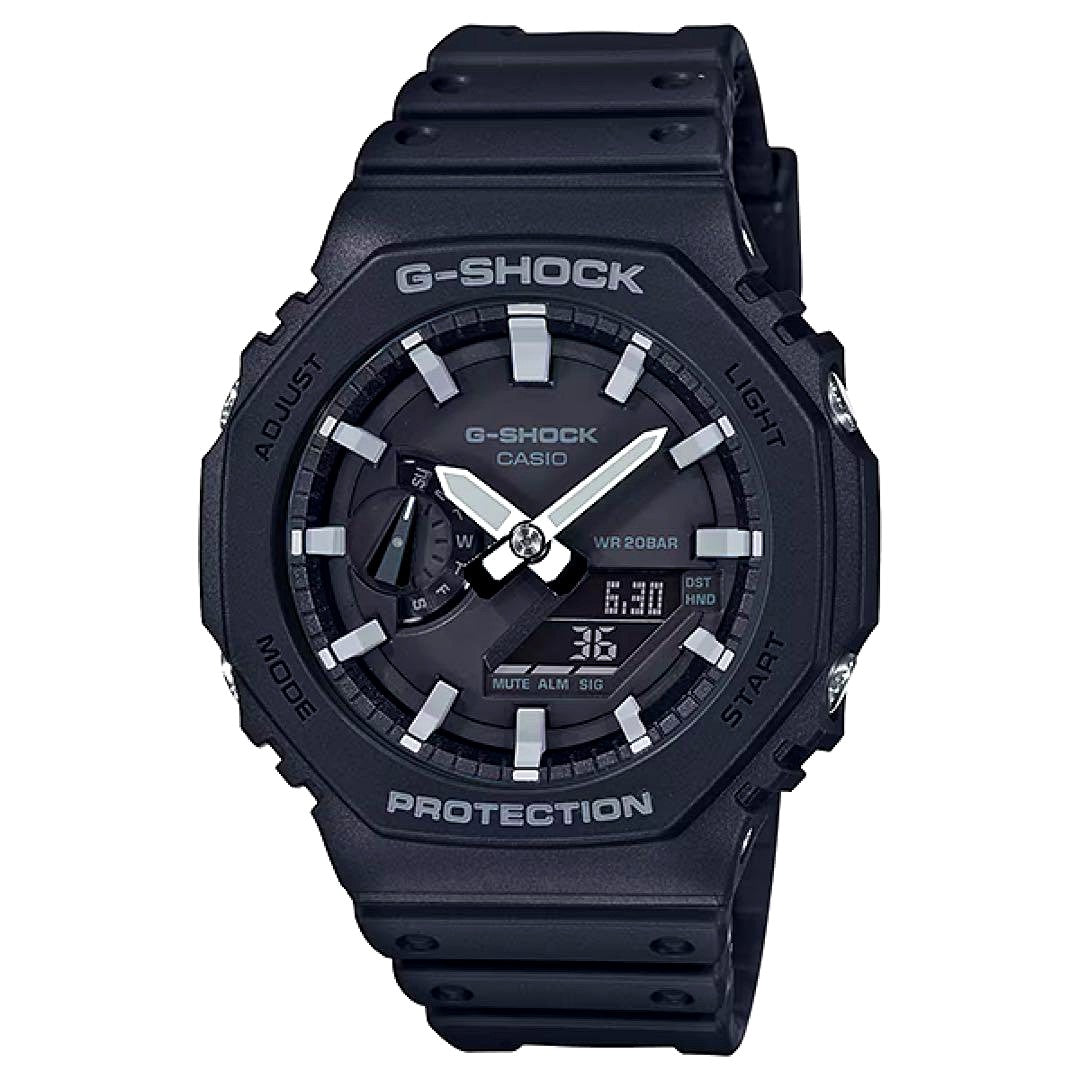 Casio G-Shock GA-2100-1AJF digital analog combination watch with black octagonal face and resin band