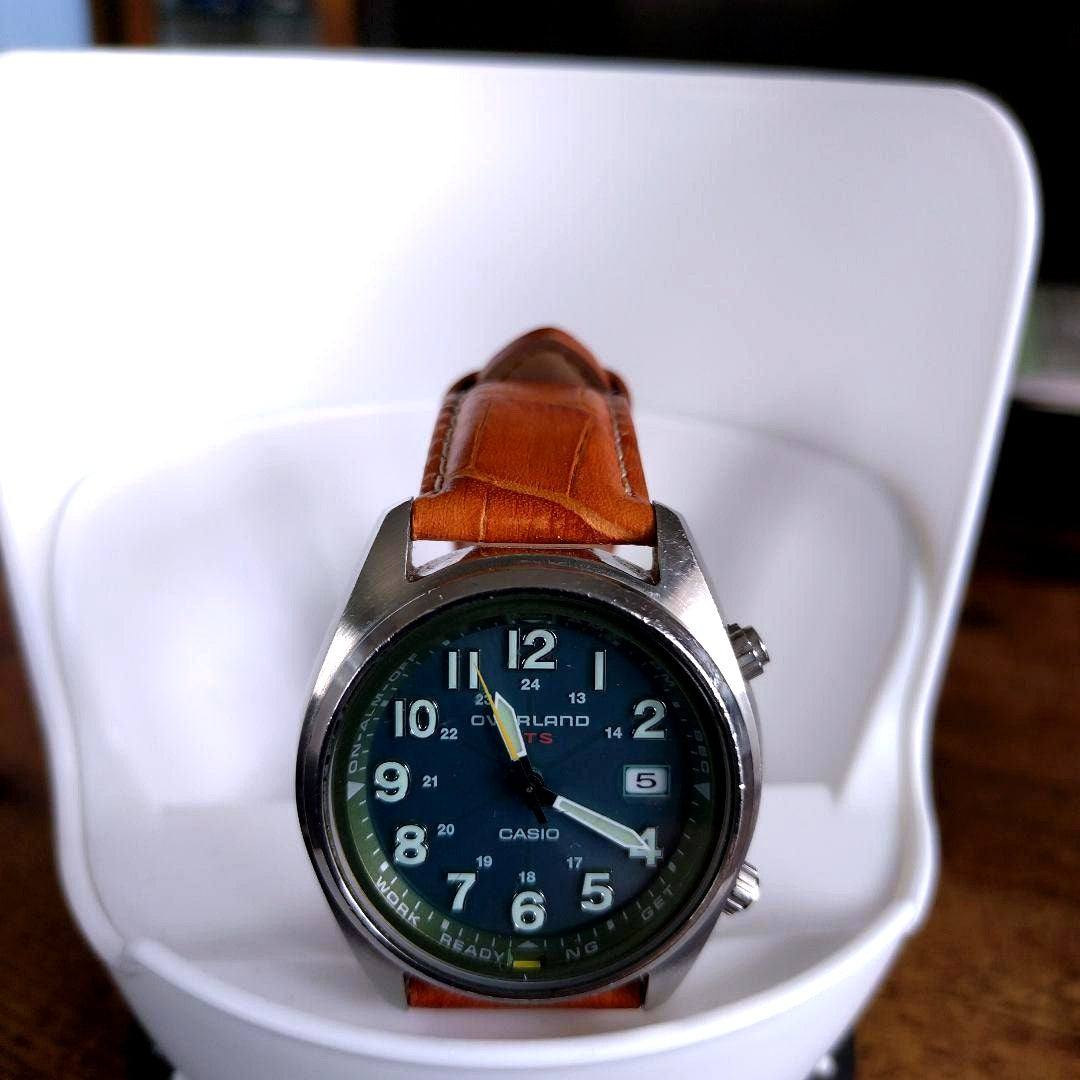 Casio Overland radio solar watch with green dial and brown leather band Japan import