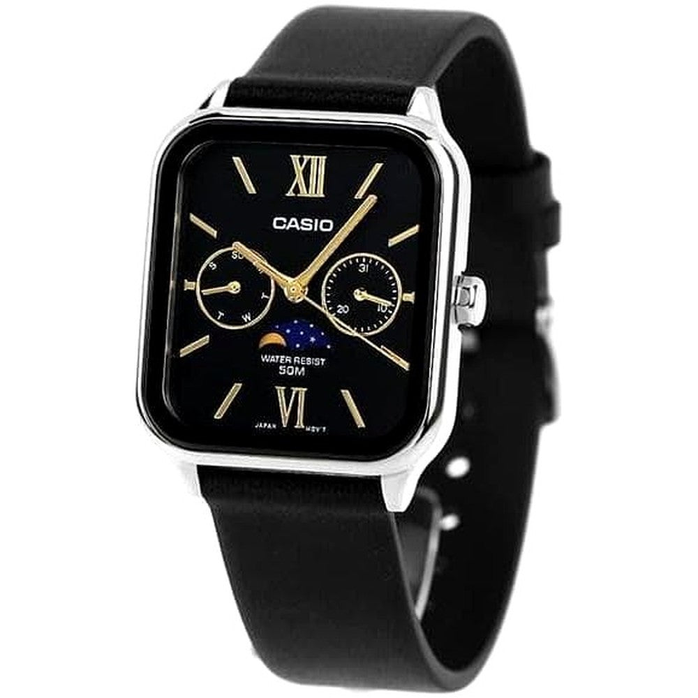 Casio Standard Moon Phase Analog Watch Model 342AM with black leather band and moon phase display