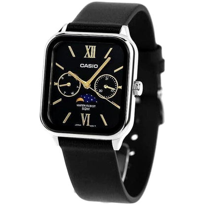 Casio Standard Moon Phase Analog Watch Model 342AM with black leather band and moon phase display