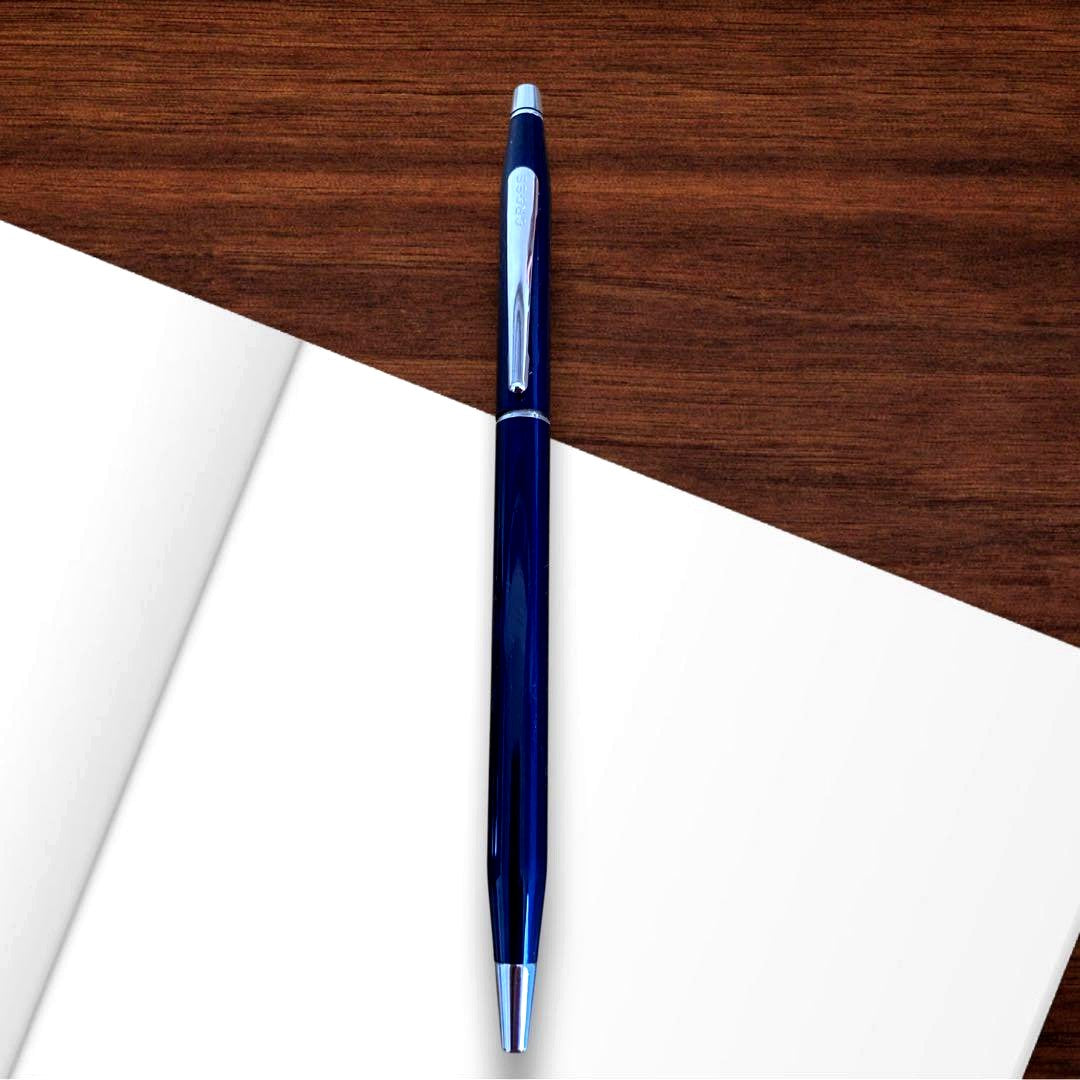 Cross Twist ballpoint pen body with blue finish and silver accents shown from side view