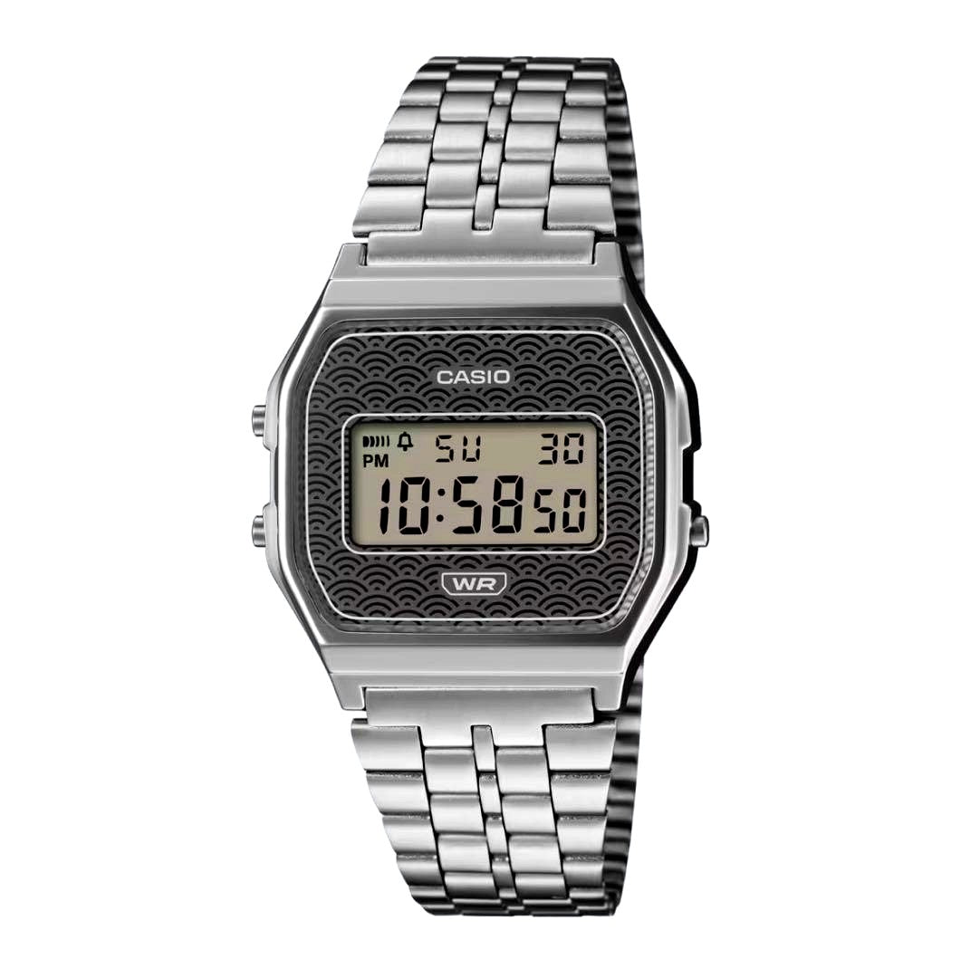 Casio Classic A159WEVJ-2JR watch with blue Seigaiha pattern dial and stainless steel metal band
