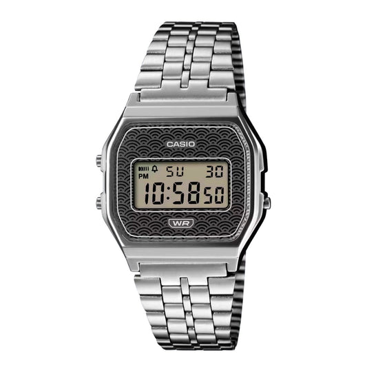 Casio Classic A159WEVJ-2JR watch with blue Seigaiha pattern dial and stainless steel metal band