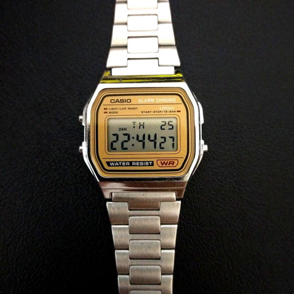 Casio A-158WEA-9JF stainless steel digital watch showing time on display