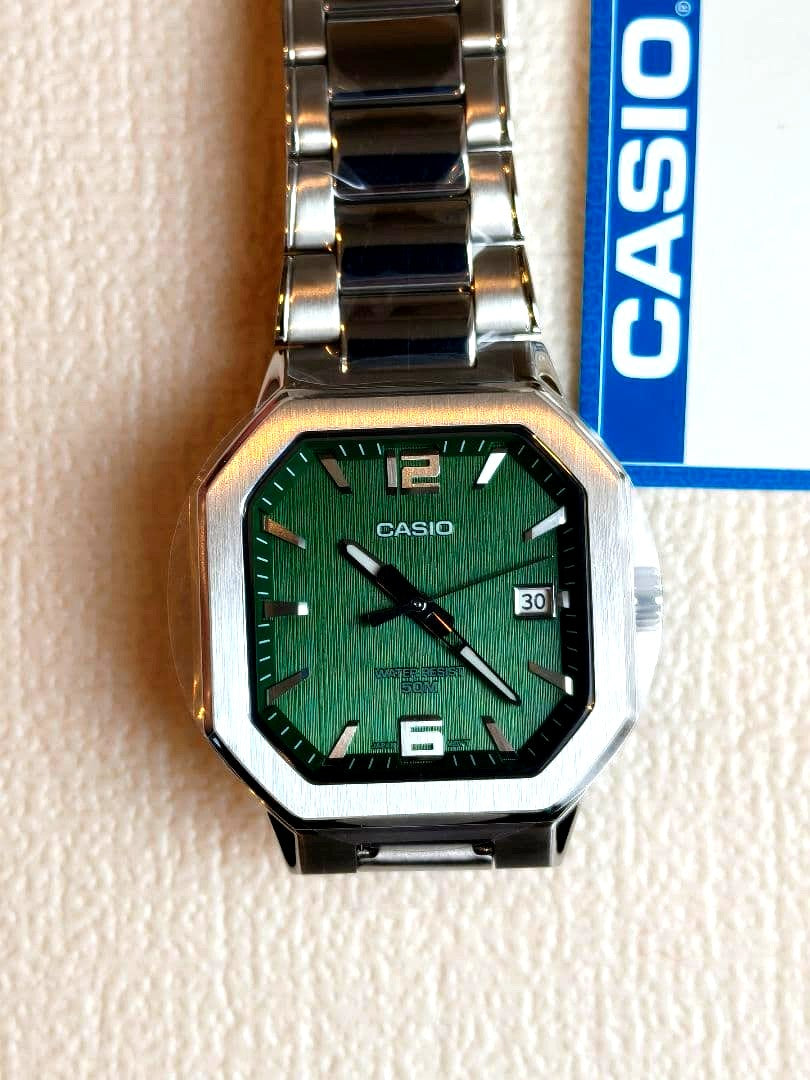 Casio MTP-B195D-3A green dial quartz watch with stainless steel case and mineral glass