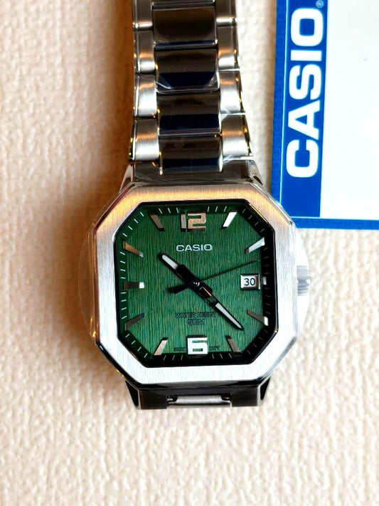 Casio MTP-B195D-3A green dial quartz watch with stainless steel case and mineral glass