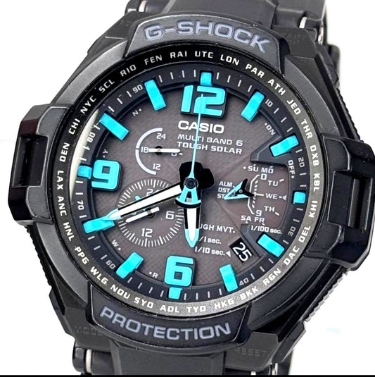 Casio G-Shock GW-4000 watch with black body and blue accents, featuring Multi Band 6 and Tough Solar technology