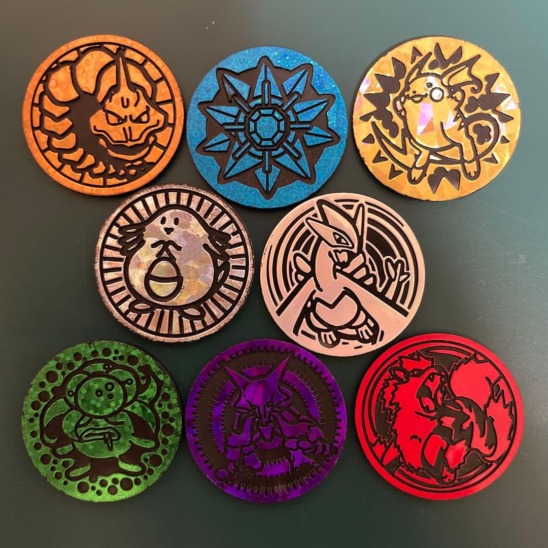 Bandai Pokemon Card Coins 8-set with Jim Leader themes and rare holographic designs from Japan