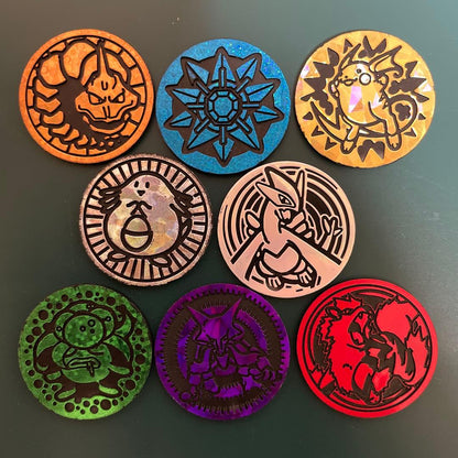 Bandai Pokemon Card Coins 8-set with Jim Leader themes and rare holographic designs from Japan