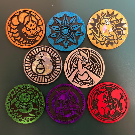 Bandai Pokemon Card Coins 8-set with Jim Leader themes and rare holographic designs from Japan
