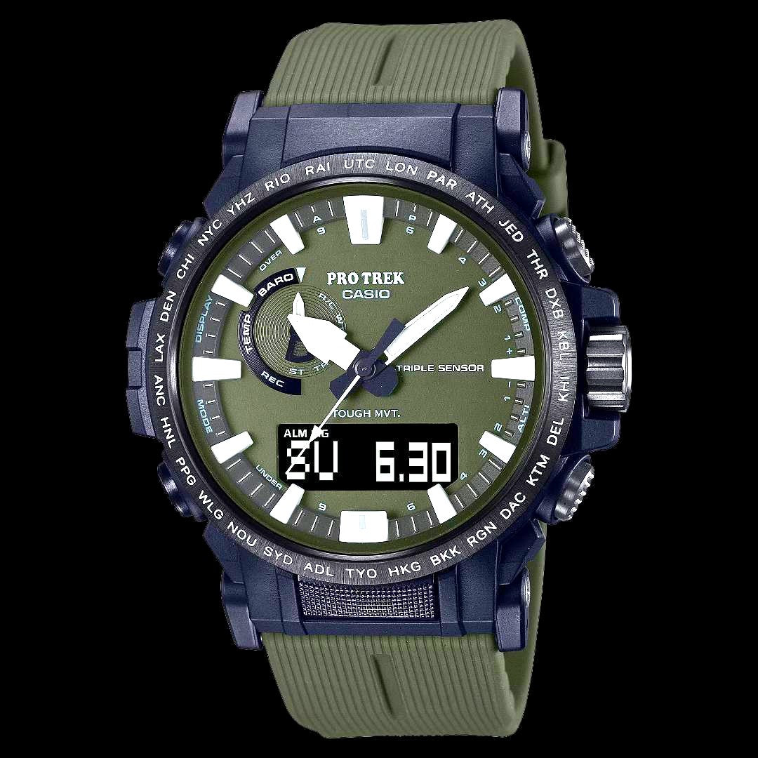 Casio Protrek Climber Line PRW-61Y-3JF digital watch with green biomass plastic band and multiple sensor features