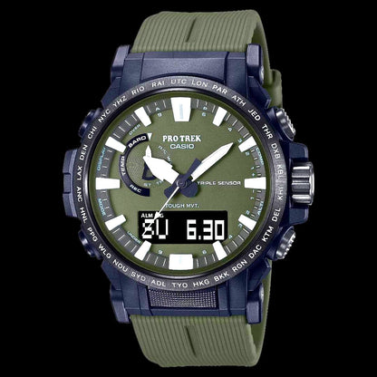 Casio Protrek Climber Line PRW-61Y-3JF digital watch with green biomass plastic band and multiple sensor features