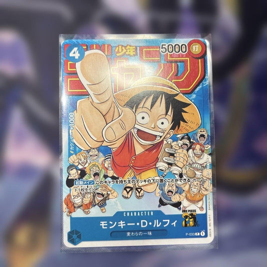 One Piece Monkey D Luffy P-033 collectible card with visible dirt and scratch on white circle area